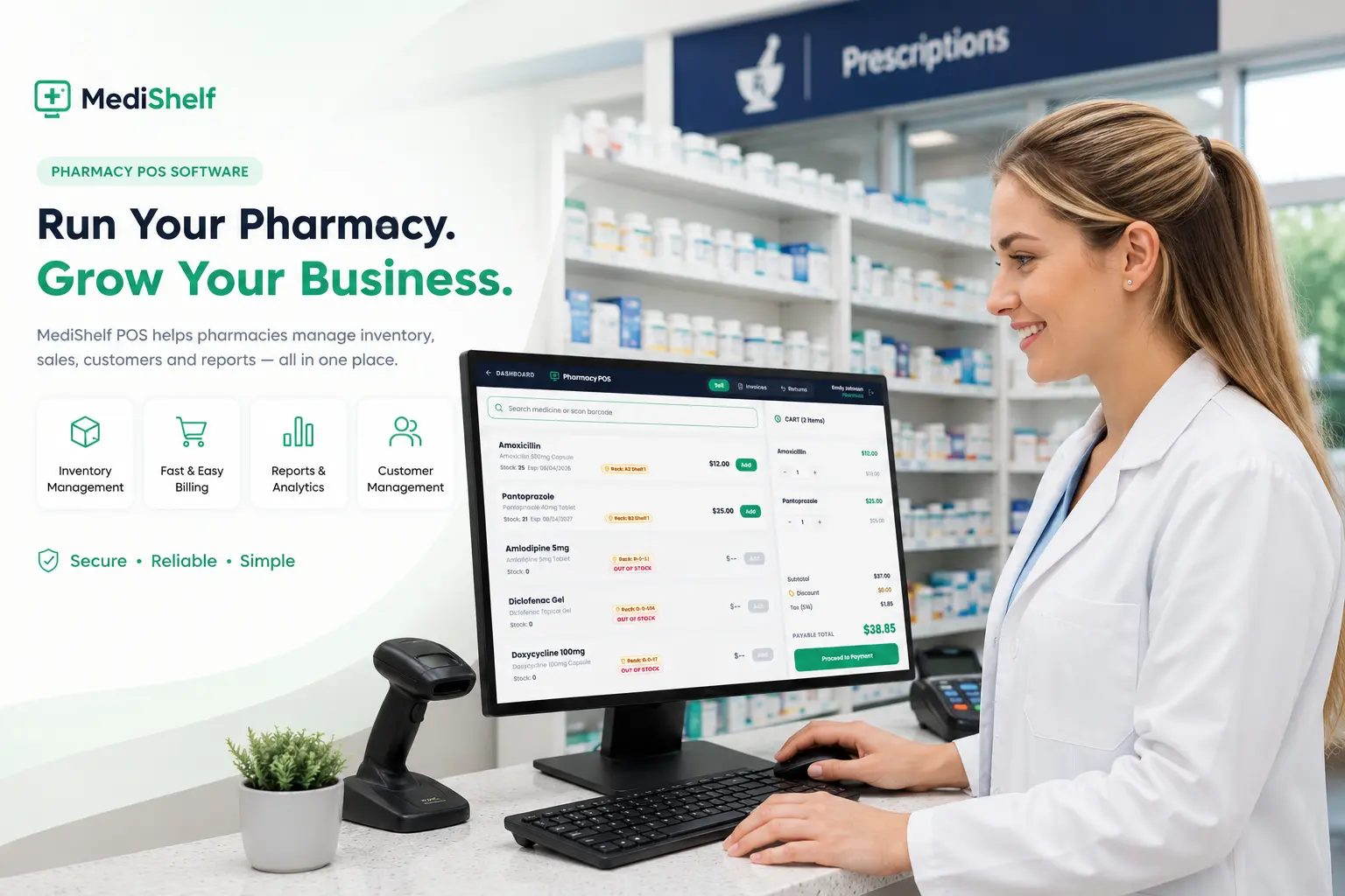 Medishelf point-of-sale screen showing a pharmacy sale with lot and expiry detail